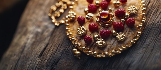 Poster - Pancakes garnished with fresh berries and honey on rustic wooden surface showcasing a delectable breakfast scene