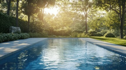 Poster - Serene outdoor swimming pool surrounded by lush greenery in a tranquil garden setting with morning sunlight filtering through the trees