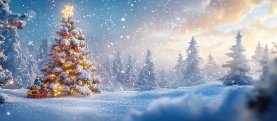 Aufkleber - Winter landscape with snow-covered spruce trees and a decorated Christmas tree in a serene snowy atmosphere during a snowfall.