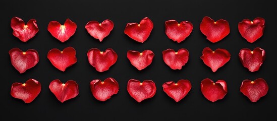 Aufkleber - Red heart-shaped rose petals arranged on a black background creating a romantic pattern ideal for greeting card designs and love symbols.