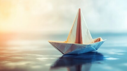 Poster - origami paper sailboat on shimmering water with a soft light background and selective focus capturin