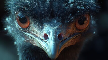 Aufkleber - Close-up of an ostrich head showcasing intricate details and vibrant eye colors in a textured and dramatic perspective