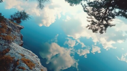 Poster - Tranquil lake reflecting vibrant clouds and lush trees in serene natural landscape perfect for travel and outdoor activities.