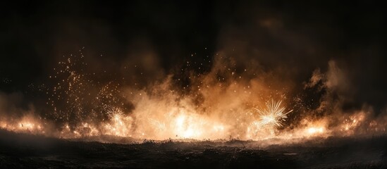 Poster - Spectacular panoramic fireworks display illuminating a smoky black backdrop during a vibrant festival celebration atmosphere.