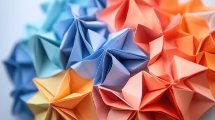 Poster - Colorful origami shapes creating a textured abstract composition on a white background for artistic and creative design concepts