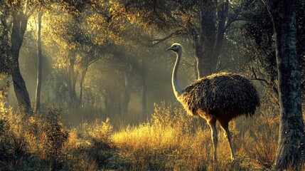 Poster - Majestic ostrich standing gracefully in a sunlit park surrounded by lush greenery and softly glowing trees