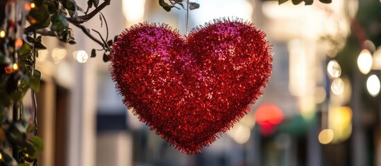 Aufkleber - Valentine's Day outdoor decoration with a shimmering red tinsel heart hanging in a festive urban setting