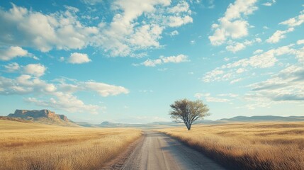 Poster - Serene Outback Road under a Bright Sky with Isolated Tree and Expansive Grassland in a Picturesque Landscape