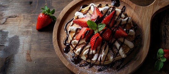 Poster - Pancakes adorned with fresh strawberries and chocolate syrup on a wooden platter showcasing a top view with selective focus and rustic charm