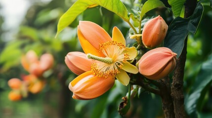 Poster - Blooming papaya flowers showcasing vibrant colors in a lush garden setting, highlighting nature's beauty and tropical elegance.