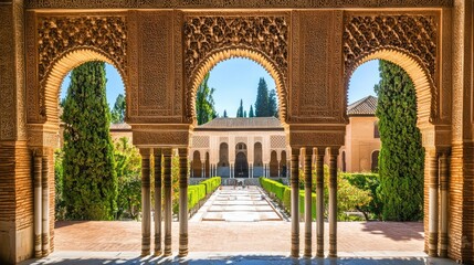 Poster - Ornate archway featuring intricate floral mosaics and classic architecture framed by lush greenery in a serene garden setting.