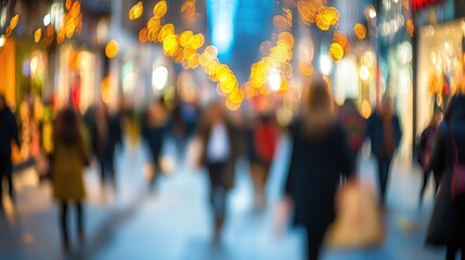 Aufkleber - Blurred urban street scene with festive lights and pedestrians creating a dreamy bokeh effect, capturing the essence of city life.