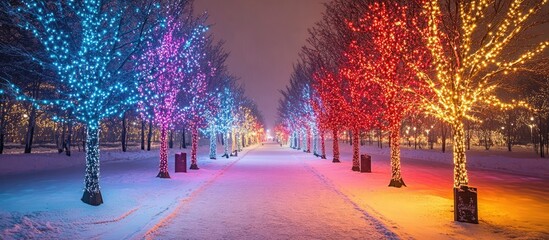 Aufkleber - Colorful illuminated trees along a snowy pathway in a festive outdoor winter scene at night