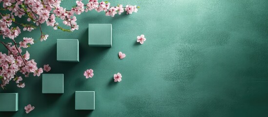 Poster - Elegant teal background with cherry blossom petals and geometric boxes creating a serene and artistic composition for creative projects.