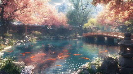 Wall Mural - Serene koi pond in a Japanese garden, surrounded by blossoming cherry trees and a wooden bridge.