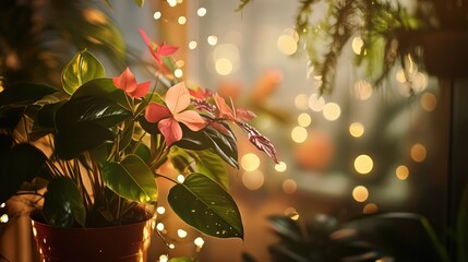 Poster - Decorative Ornamental Plant with Pink Flowers and Warm Fairy Lights for Celebratory Ambiance