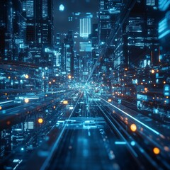 Aufkleber - Futuristic Cityscape Filled With Glowing Buildings and High-Speed Data Streams at Night