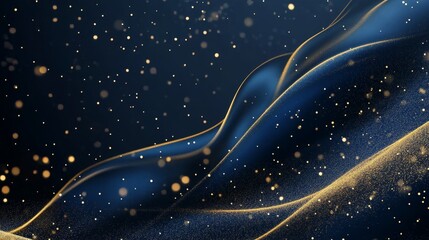 Poster - Elegant Flowing Fabric With Golden Sparkles in Dark Blue Background Creates a Mesmerizing Visual Effect During a Magical Night Event