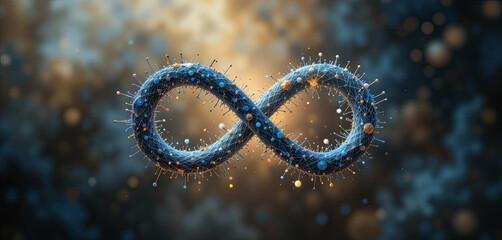 Poster - A detailed illustration shows an infinity symbol intertwined with cosmic particles and light. The design features blue tones and glimmers, creating an otherworldly effect