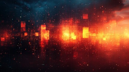 Poster - Vibrant Digital Landscape With Glowing Orange and Red Shapes Contrasting Against a Dark Blue Background at Dusk
