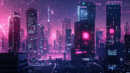 Aufkleber - Futuristic City Skyline Illuminated by Neon Lights at Night Showcasing Advanced Technology and Digital Elements