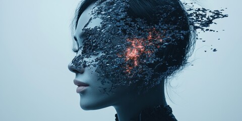 Poster - Visual Representation of Transformation Depicting a Woman's Profile Merging With Digital Elements in an Abstract Artistic Style