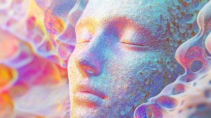 Poster - Vibrant Abstract Representation of a Serene Face Enveloped in Colorful Patterns and Ethereal Textures at an Art Exhibition