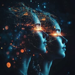 Poster - Conceptual Representation of Human Connection and Consciousness Captured Through Vibrant Neon Lights and Abstract Patterns