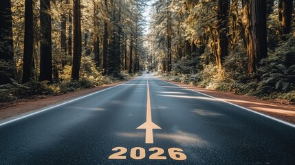 Wall Mural - A scenic road surrounded by tall trees, featuring a bright yellow arrow pointing to 2026.