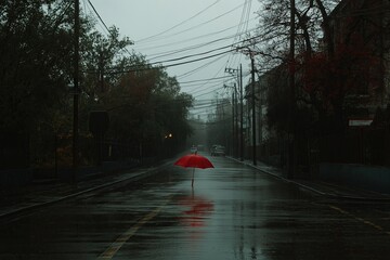 Aufkleber - A single red umbrella on a deserted rainy street with muted tones.