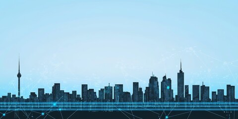 Poster - City Skyline at Dusk With Digital Overlay Representing Technology and Connectivity in an Urban Environment