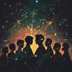 Poster - People Engaged in Intimate Conversation Surrounded by a Glowing Network of Connections, Symbolizing Unity and Interaction in a Digital World