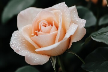 Wall Mural - Beautiful peach rose blooming with dew drops in a lush garden setting during early morning