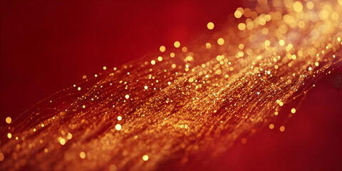 Poster - Golden River of Light: Abstract image of shimmering golden particles flowing on a deep red background, creating a luxurious and dynamic visual effect.  Perfect for backgrounds, festive designs.