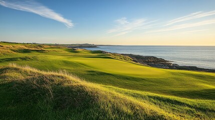 Poster - An adventurous golf course on a links course by the sea, Golf clubs set for a challenging round, Links adventure style