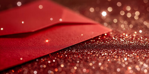 Wall Mural - Red Envelope with Golden Glitter: A close-up shot of a red envelope lying on a bed of golden glitter, reflecting the light in a captivating way. The image evokes a sense of celebration, fortune.