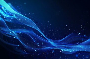 Poster - Floating Blue Waves and Particles Create an Ethereal Atmosphere in a Dark Background