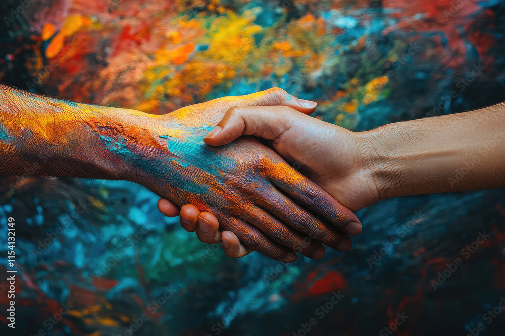 Colorful hands shaking, symbolizing unity and connection, with vibrant ...
