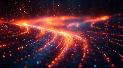 Poster - Vibrant Flow of Glowing Particles Creating an Abstract Background, Showcasing Movement and Energy in a Digital Landscape During a Night Scene