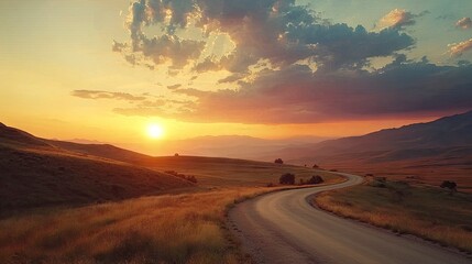 Wall Mural - Scenic sunset road winding through rolling hills.