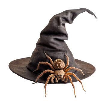 Spider Crawling Out of a Witch's Hat Isolated on White Background