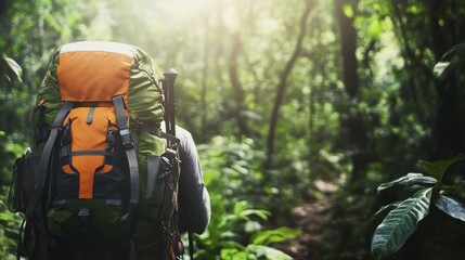 Aufkleber - An adventurous hiking expedition in a dense forest, Hiking gear and trail markers set for trekking, Outdoor exploration style