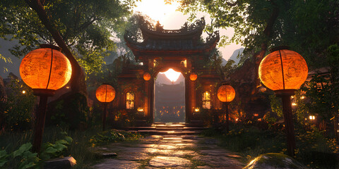 Sticker - Mystical Garden Gateway: A stone archway adorned with glowing lanterns leads to a mysterious path through a lush, tropical garden, bathed in the golden light of a setting sun.