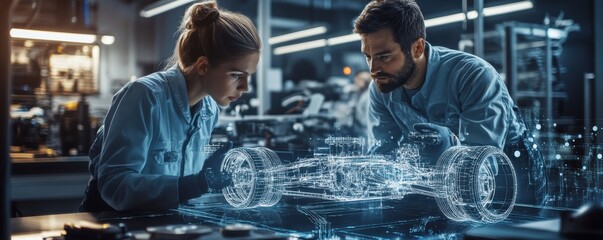Poster - Detailed transparent 3D hologram of a car's mechanical internal components