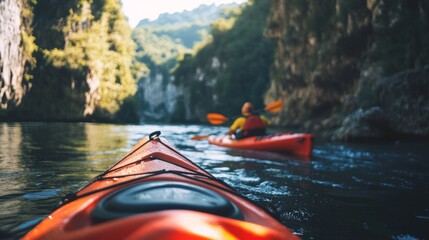Aufkleber - An adventurous kayaking expedition in a scenic river gorge, Kayaks and paddles set for river exploration, Outdoor adventure style
