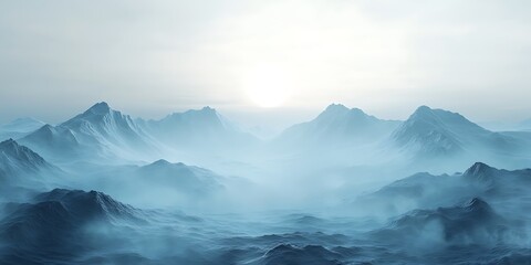 a misty blue mountain range under a pale morning light.