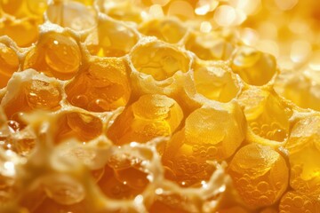 Poster - Close up of honeycomb glistening with golden honey, showcasing its intricate structure and the delicate bubbles suspended within