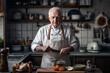 © tynza - Portrait of an elderly master chef holding a knife and standing proudly in a vintage kitchen.