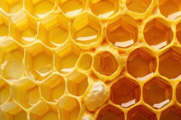 Poster - Close up of honeycomb structure with golden honey filling cells, creating a mesmerizing pattern of light and texture