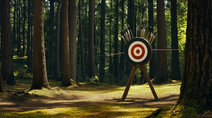 Poster - An elaborate archery setup in a forest clearing, Bows and arrows neatly placed on a target board, Rustic outdoor style